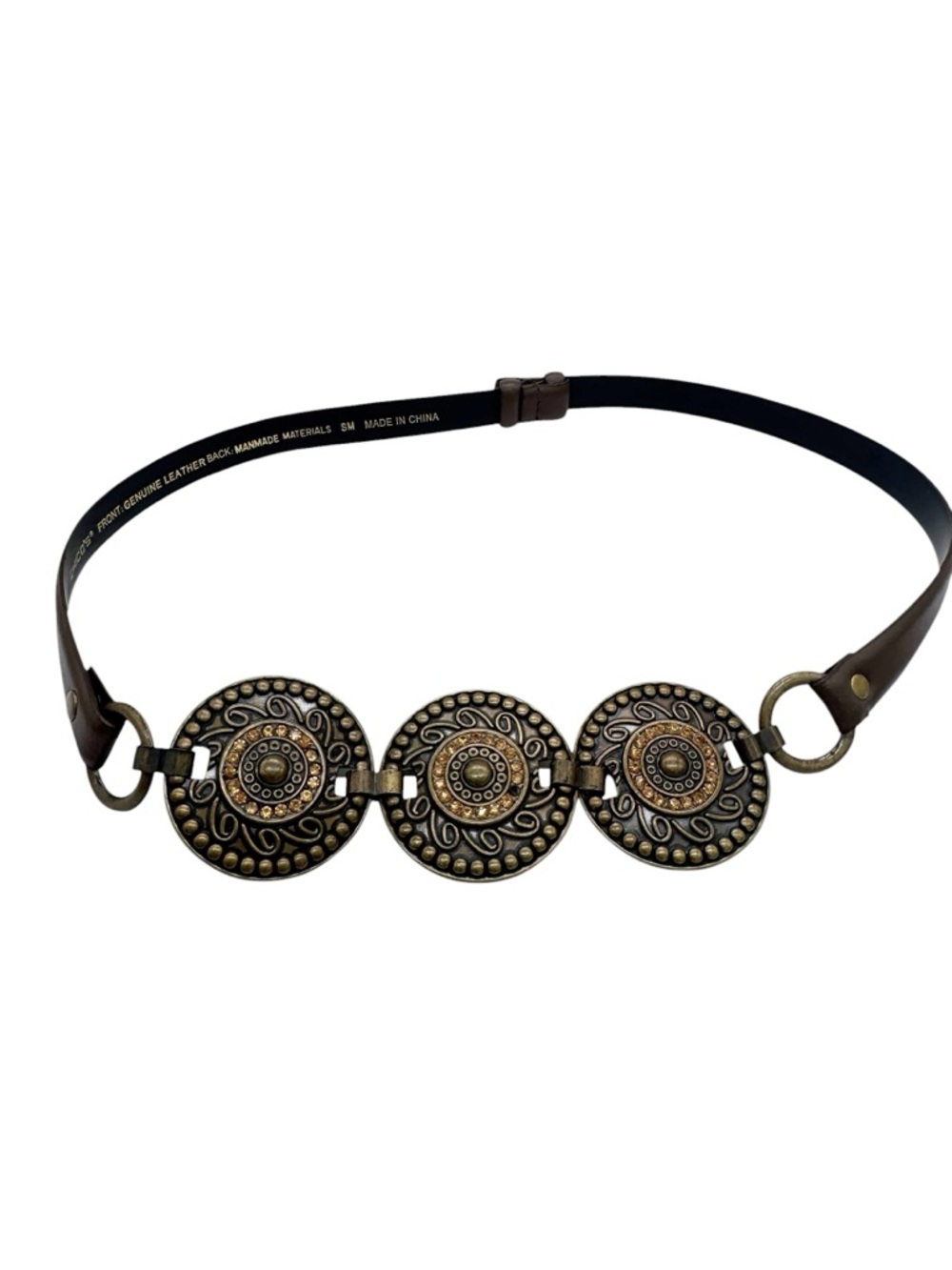 Chico’s Western Leather Belt Brown Bronze Concho Medallion Statement Sz SM